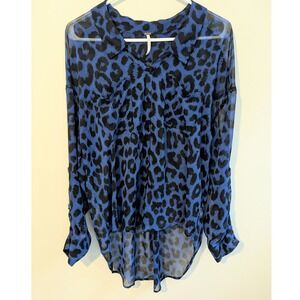 Free People Women's Sheer Blue Leopard Print Long Sleeve Button Down Shirt Sz Sm